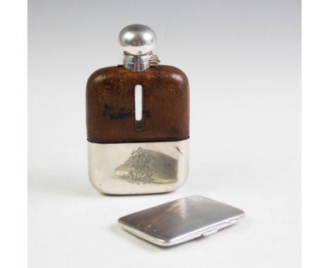 An Edwardian silver mounted hip flask, James Dixon &amp; Sons, Sheffield 1901, the rectangular glass pig skin clad hip flask 