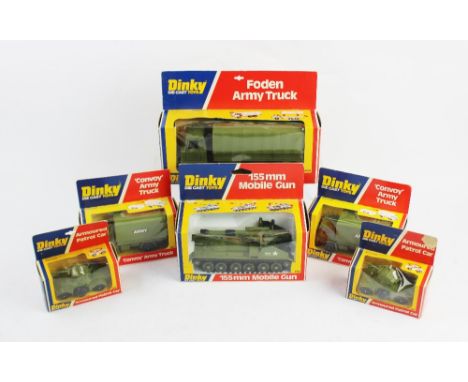 A collection of Dinky Toy military vehicles, comprising; a 668 Foden Army Truck, a 654 155mm Mobile Gun, two 687 'Convoy' Arm