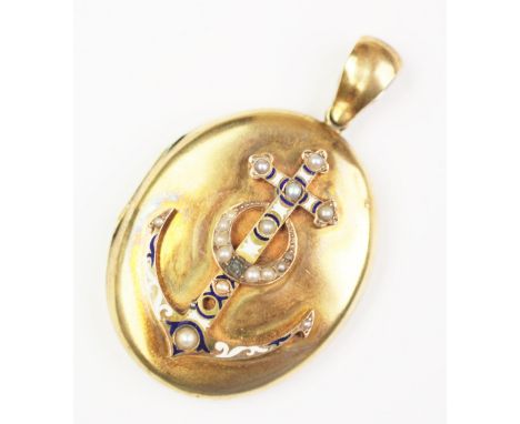 A Victorian sentimental locket, the yellow metal oval locket set with an anchor decorated with graduated split seed pearls an