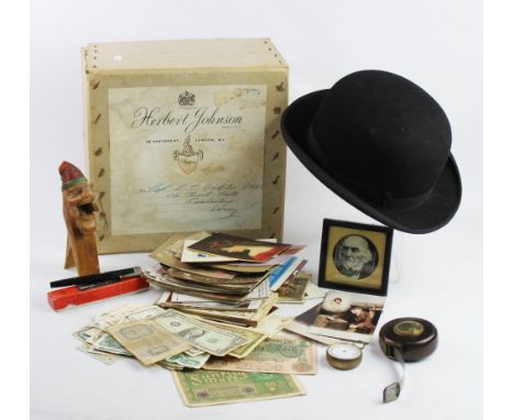 A gent's boxed bowler hat by Moss Bros, a collection of vintage postcards to include early 20th century French examples, humo