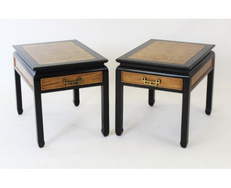 A pair of Japanese influence lamp tables, 20th century, each table with an ebonised frame and burr walnut veneered panels abo