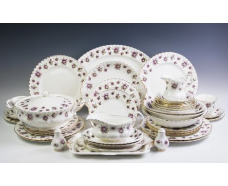 A Royal Albert Sweet Violets dinner service, comprising seven dinner plates, eight desert plates, eight side plates, eight so