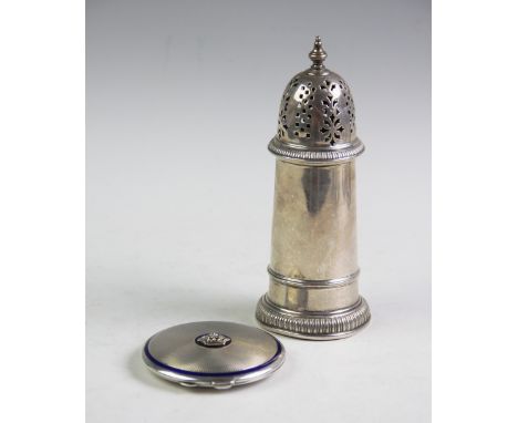 A George V silver sugar caster, Mappin &amp; Webb Ltd, Sheffield 1934, of cylindrical form with pierced design, with urn fini