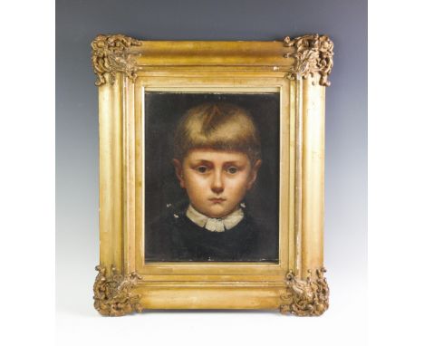 English School (19th century), Oil on canvas, Bust length portrait of a child wearing lace collar and black garments, 30.5cm 