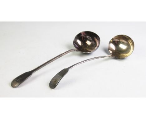 A Victorian silver fiddle and thread pattern ladle, Henry Holland, London 1853, engraved crest, 36cm long, weight 10.8ozt, wi