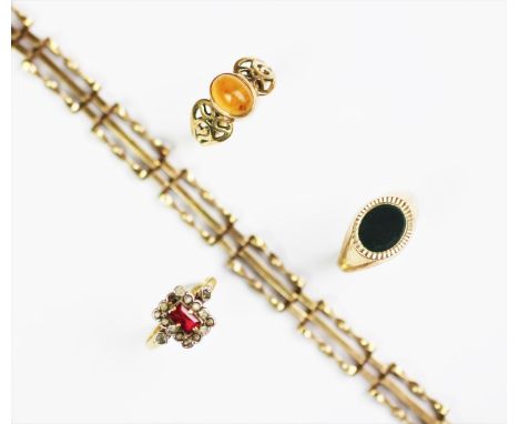 A 9ct gold gate type bracelet, with 9ct gold padlock clasp, London 1978, a 9ct gold and bloodstone signet ring, a further 9ct