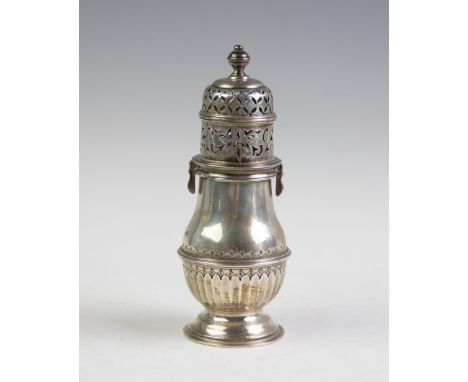 A George V sugar caster, S Blanckensee &amp; Son Ltd, Chester 1938, of baluster form with a fitted cover embellished with pie