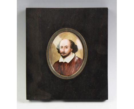 An enamel on copper miniature portrait of William Shakespeare, circa 1900, the domed portrait within a gilt metal mount and a