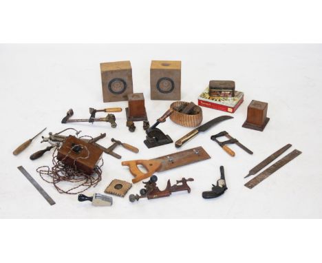 A selection of 19th century and later vintage tools, surveyor equipment and metal wares, together with a pair of mahogany pli