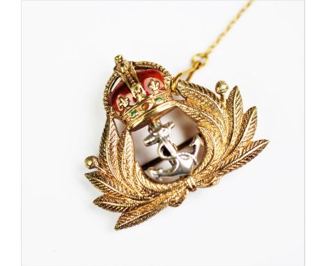 A 9ct gold Royal Navy Sweetheart Brooch, Birmingham 1951, Cropp &amp; Farr, with red enamel detailing and yellow metal safety