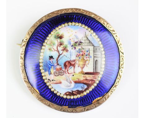 A 19th century enamel and silver coloured brooch, designed as a oval vignette depicting a swan, a Regency gentleman, horse an