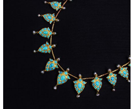 A turquoise and enamelled graduated fringe necklace, North India, probably Jaipur or Delhi, circa 1870, designed to one side 