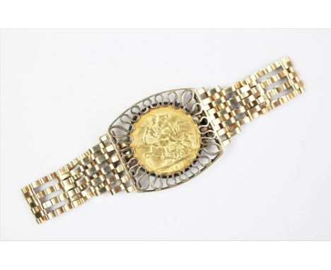 A George V gold sovereign dated 1912, set within a 9ct gold gate link bracelet, with 9ct gold padlock clasp and safety chain,
