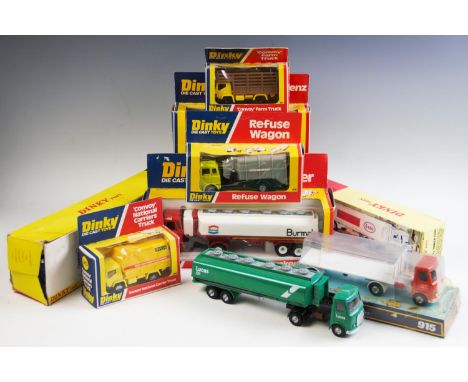 A collection of Dinky Toy road haulage vehicles, comprising; a 917 Mercedes Benz Truck And Trailer, a 945 AEC Esso Fuel Tanke