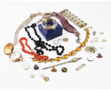 A selection of jewellery and watches to include; an Elgin gold plated full hunter pocket watch, a silver bangle, weight 57gms