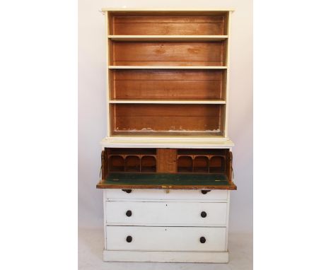 An early 19th century oak secretaire chest, with fitted drawer above three long drawers on plinth base, later cream painted a