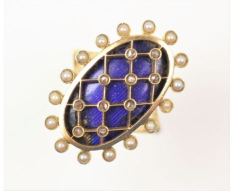 An enamel pearl and rose cut diamond set ring, designed as an oval panel enamelled in blue, with trellis design set with rose