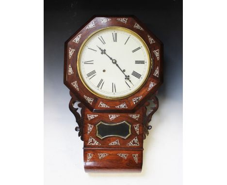 A Victorian inlaid rosewood wall clock, having an octagonal case housing a 30cm white enamel dial, the two train movement str