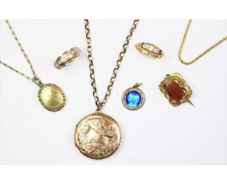 An Edwardian yellow metal locket, decorated with floral details, stamped '9ct GOLD SIDES', with another yellow metal locket w
