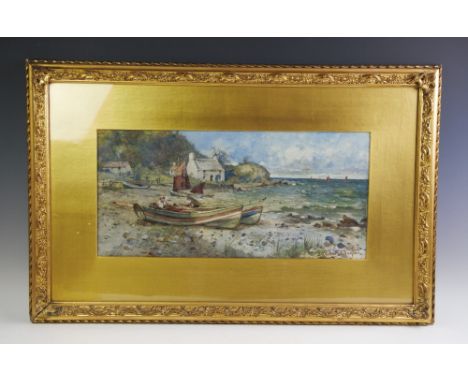 J Hughes Clayton (1870-1930), Watercolour on paper, Coastal scene with cottages and boats, Signed lower right, 29cm x 50cm, F