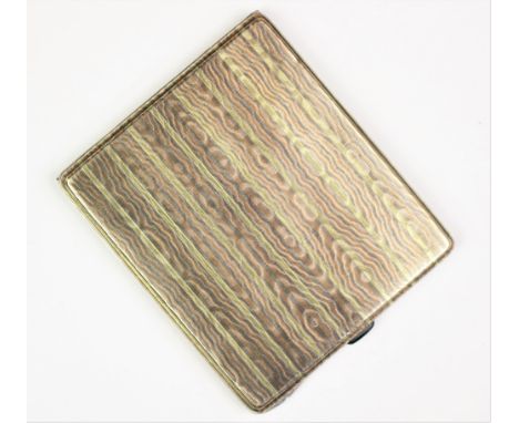 An Art Deco tri-colour cigarette case, the rectangular case formed as striped yellow, rose and white metal detail with black 