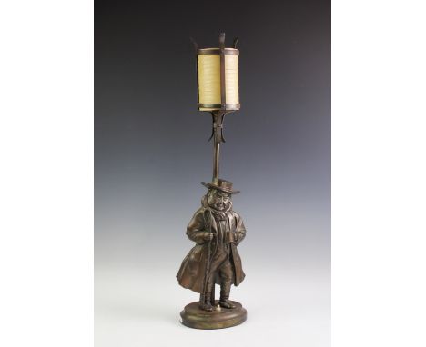 A novelty brass figural table lamp, the base modelled as a figure with horse whip and tankard in hand, and inscribed 'Tony We