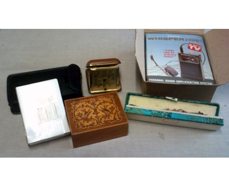 As New 'Whisper' Amplifier-x2 radio's (hand held) Japanese style letter opener (boxed), Ingersoll travel clock c1960's