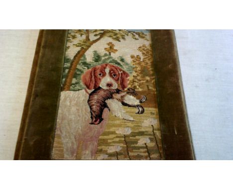 Vintage Book Folder-in brown suede with tapestry of Spaniel Dog holding a Pheasant-in excellent condition