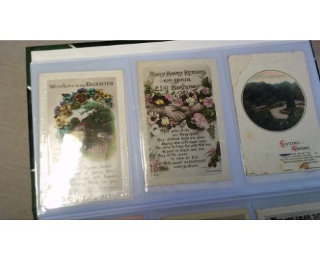 An album of vintage postcards and a range of good birthday cards, children etc (120)