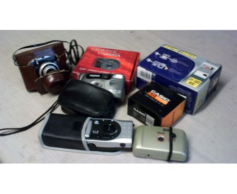 Camera's-Mixed bag of camera's and camera equipment, includes Casio, Vivitar, Ferrania, some digital