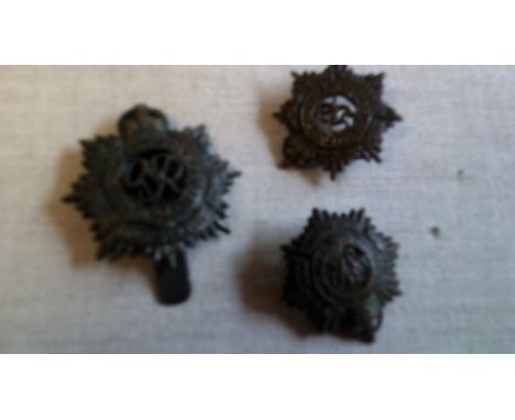 British WWI Royal Army Service Corps Officers Cap Badge and collar badges, blackened brass 