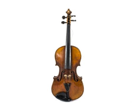 Violin, a 14" violin with label 'Manufactured in Berlin Joseph Guarnerius' together with an unmarked bow in hard case - violi