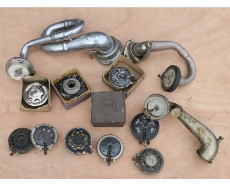 Soundboxes, A Gilbert's mother-of-pearl faced soundbox on bugle arm; a Geisha soundbox on arm; another soundbox on arm; and t