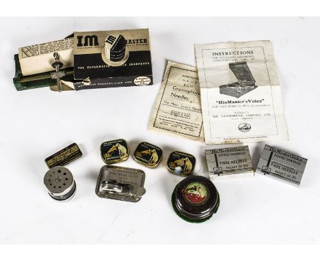 Gramophone accessories, an HMV 5A fibre cutter and three tins of fibre needles, a Tungstyle tin, 2 packs of round-shanked fib