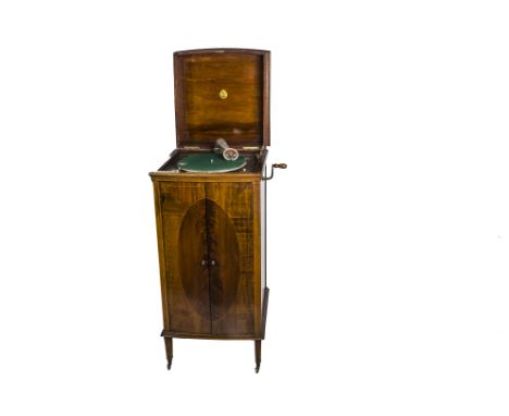 Cabinet gramophone, a New Tosca Pathéphone, in bow-fronted mahogany case of Sheraton style, with Pathé 'Playall' reproducer (