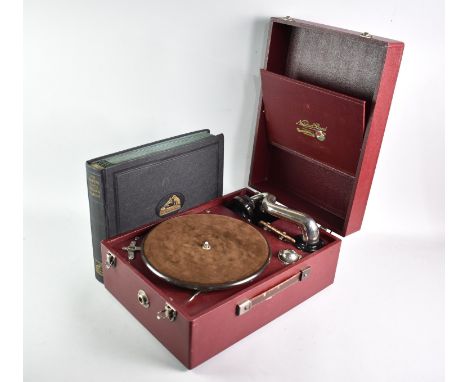 An Early 20th Century Wind Up Gramophone, 'The National Band', together with a Vintage HMV Record Holder Holding 8RPM Records