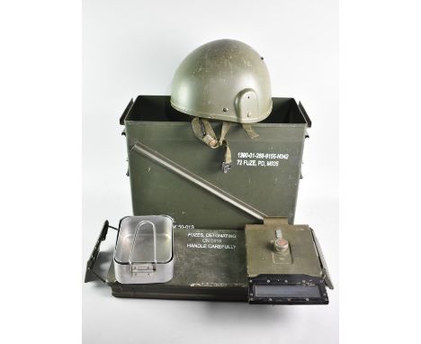 A Military Detonating Fuses Box Containing Military Helmet, Periscope, Mess Tin Etc