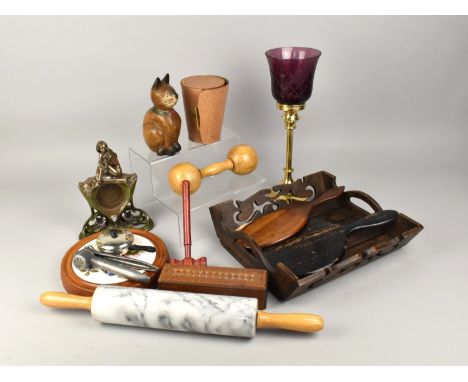A Collection of Various Sundries to Comprise Wooden Tray with Pierced Sides, Gavel, Hand Mirrors, Rolling Pin etc