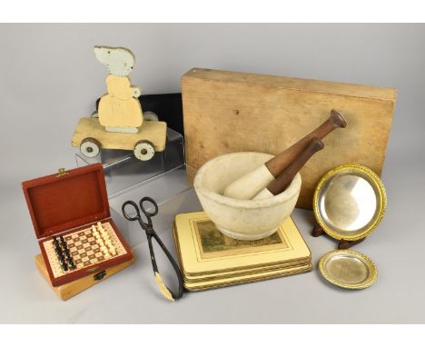 A Collection of Various Items to Comprise Wooden Chopping Block, Pestle and Mortar, Travelling Chess etc
