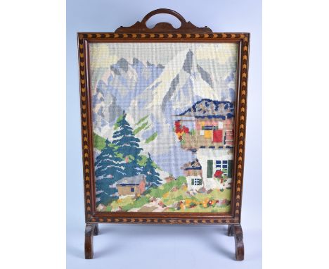 An Inlaid Mahogany Fire Screen with Tapestry Panel Depicting Alpine Scene, 48cms Wide