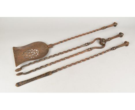 A Set of Three 19th Century Steel Long Handled Fire Irons, Poker 66cms Long