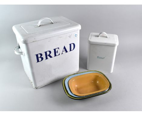An Enamelled Bread Bin, Enamelled Flour Bin and Other Enamel Ware Items