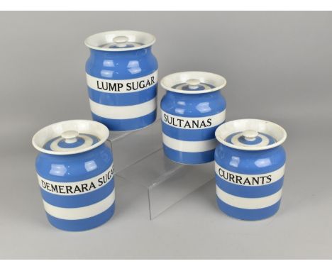 Two Pairs of TG Green Cornish Ware Storage Jars, The Larger for "Demerara Sugar" and "Lump Sugar", 18cms High and Smaller Pai