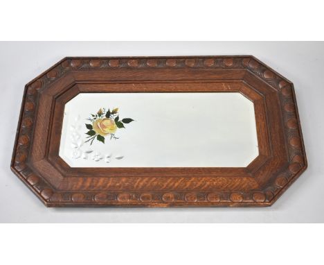 An Early 20th Oak Framed Mirror with Rose Painted Glass and Bevel Edge, 83x52cm