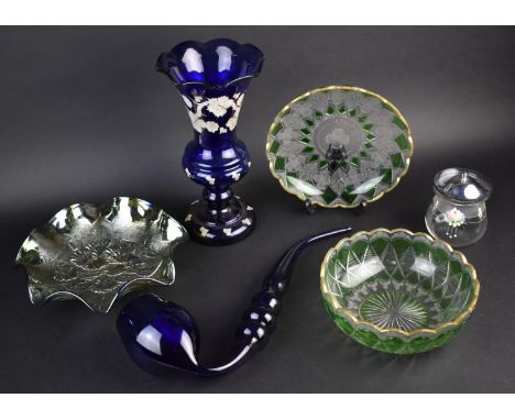 A Collection of Various 19th and 20th Century Glass to Comprise Moser Type Green Overlaid Dish and Bowl, Carnival Glass Dish,