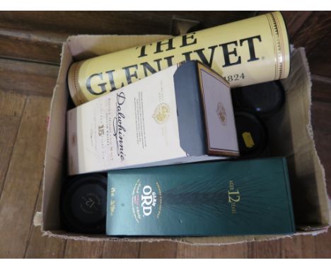 Scotch malt whiskies: Tormore 12 year old, The Balvenie 12 year old, Glen Moray 12 year old x 2 (one in presentation tin) Gle