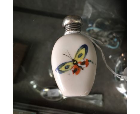 A silver topped ceramic perfume bottle, Birmingham 1890