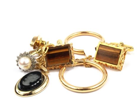 A miscellaneous lot to include 9 carat gold, opal tie tack, a pair of hoop earrings, a pair of tigers eye cufflinks, a Sarah 