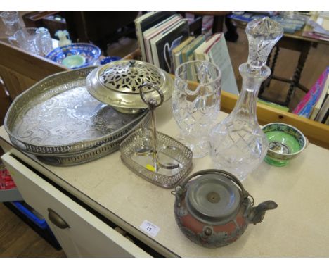 A pair of silver plated oval trays 45cm diameter, a plated pot pourri bowl, cut glass decanter and jug, and other wares