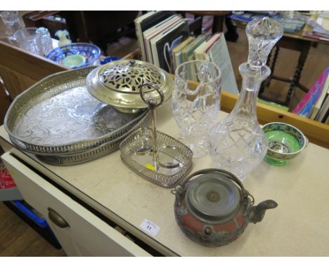 A pair of silver plated oval trays 45cm diameter, a plated pot pourri bowl, cut glass decanter and jug, and other wares